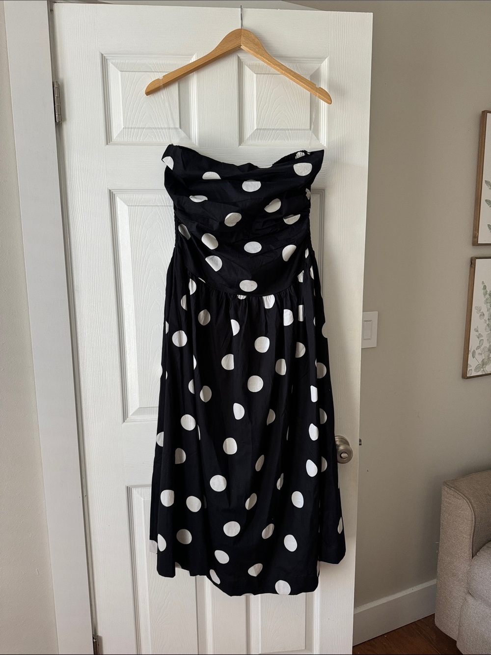 Anthropologie Brand Meadow Rhodes Strapless Black Dress with White Polka Dots
